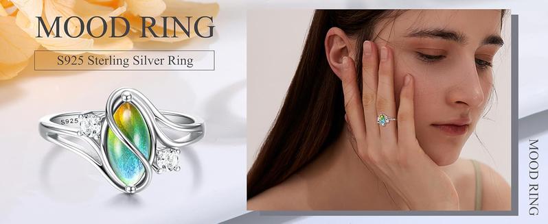 Exquisite 925 Sterling Silver Mood Rings Moonstone for Women Vintage Handmade Victorian Rings Oval Solitaire Ring 18K White Gold Plated Color Change Mood Rings Trendy Womens Jewelry