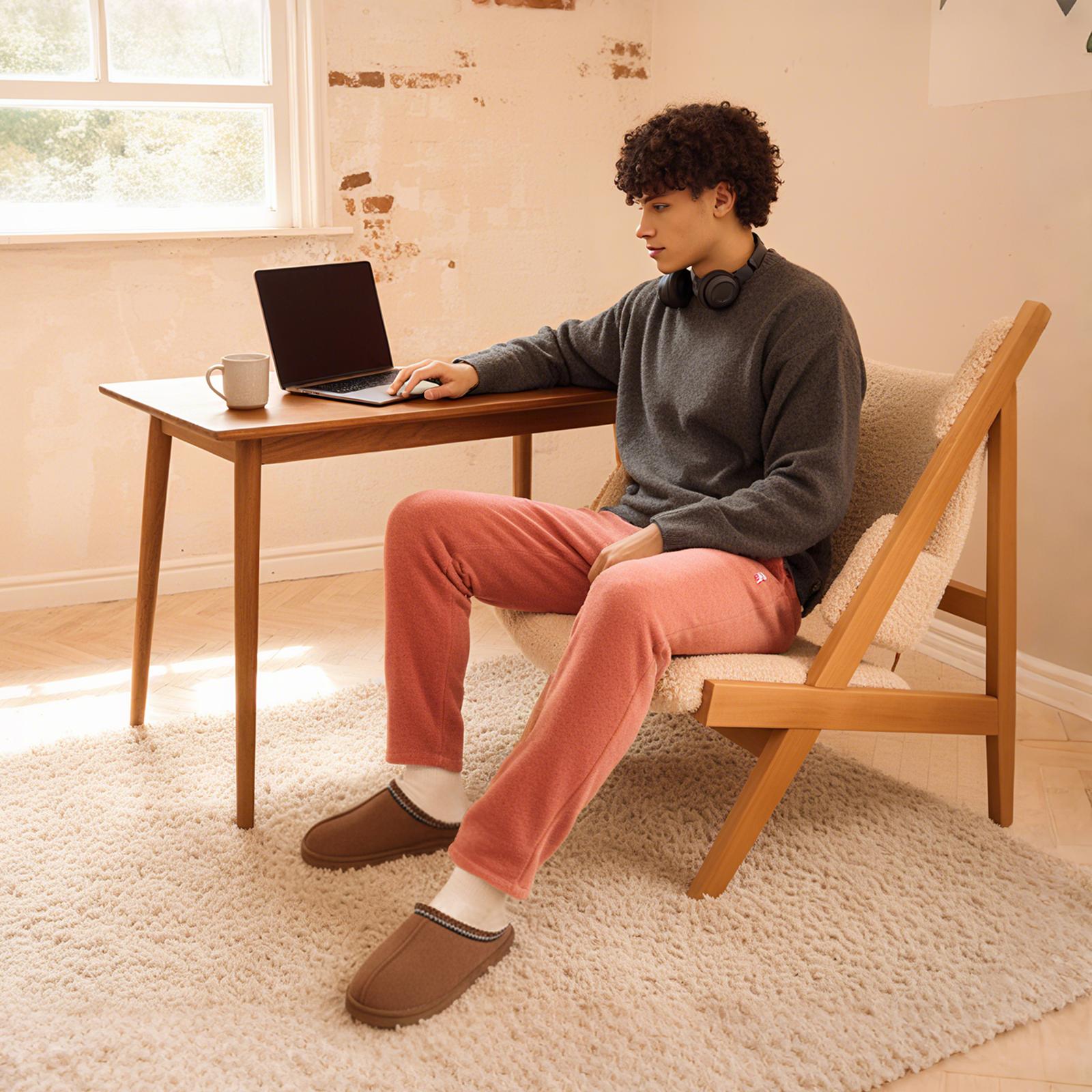 OOW Men's Fuzzy Suede Leather Slippers Winter Warm Memory Foam Non-Slip Outsole Indoor Outdoor House Shoes Chestnut Classic Decor Breathable Suede Uppers Soft Plush Lining - Footwear