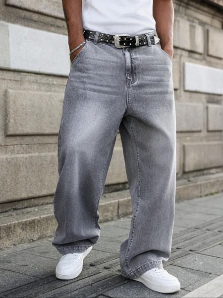Men's New Street Style Loose-Fit Jeans, Washed Vintage Casual Straight Leg Pants, Trendy Long Denim Trousers for Everyday Wear Denim Streetwear