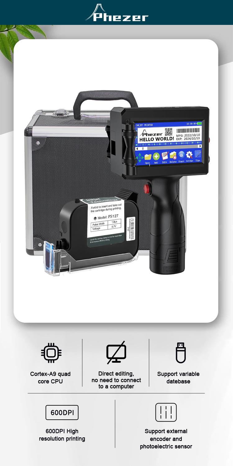 Phezer P15 Handheld Inkjet Printer & Cloth Printing Machine Kit | 12.7mm Quick-Drying Coder Gun with PS127 Ink | 600DPI Portable Labeler for DIY, QR, Date on Fabric/Metal/Plastic (Includes Hard Case)