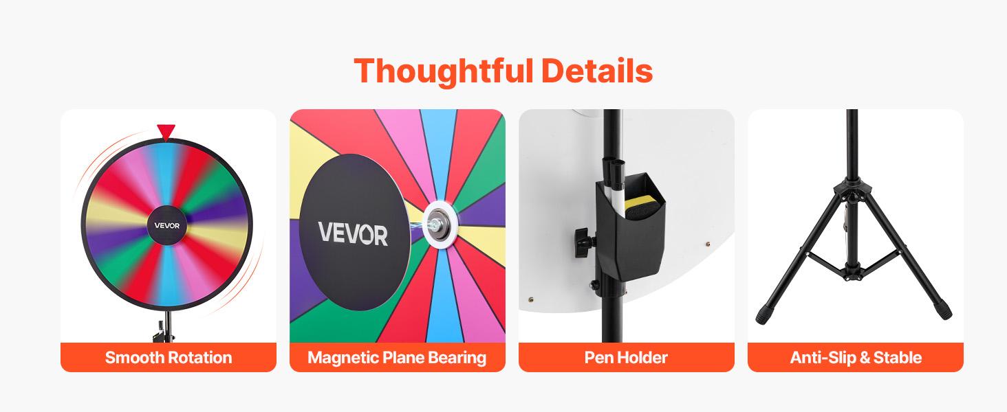 VEVOR 24 in Spinning Prize Wheel, 14 Slots Spinning Wheel with Tripod, Adjustable Height Win Fortune Roulette with a Dry Erase and 2 Markers, 6 Colors, Easy Assembly, for Party Pub Trade Show Carnival