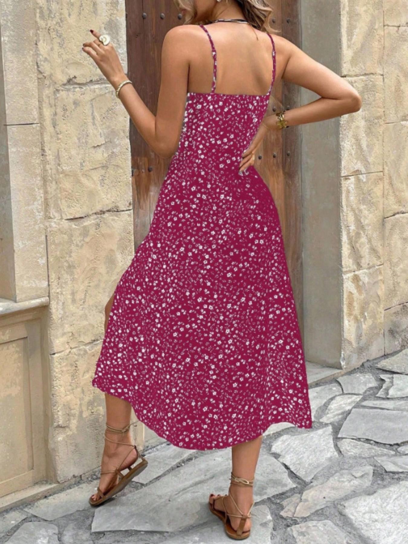 Women's Summer Elegant Ditsy Floral Split Dress,Slim-fitting Backless Long Sundress, Beach Vocation Outfit Clothes