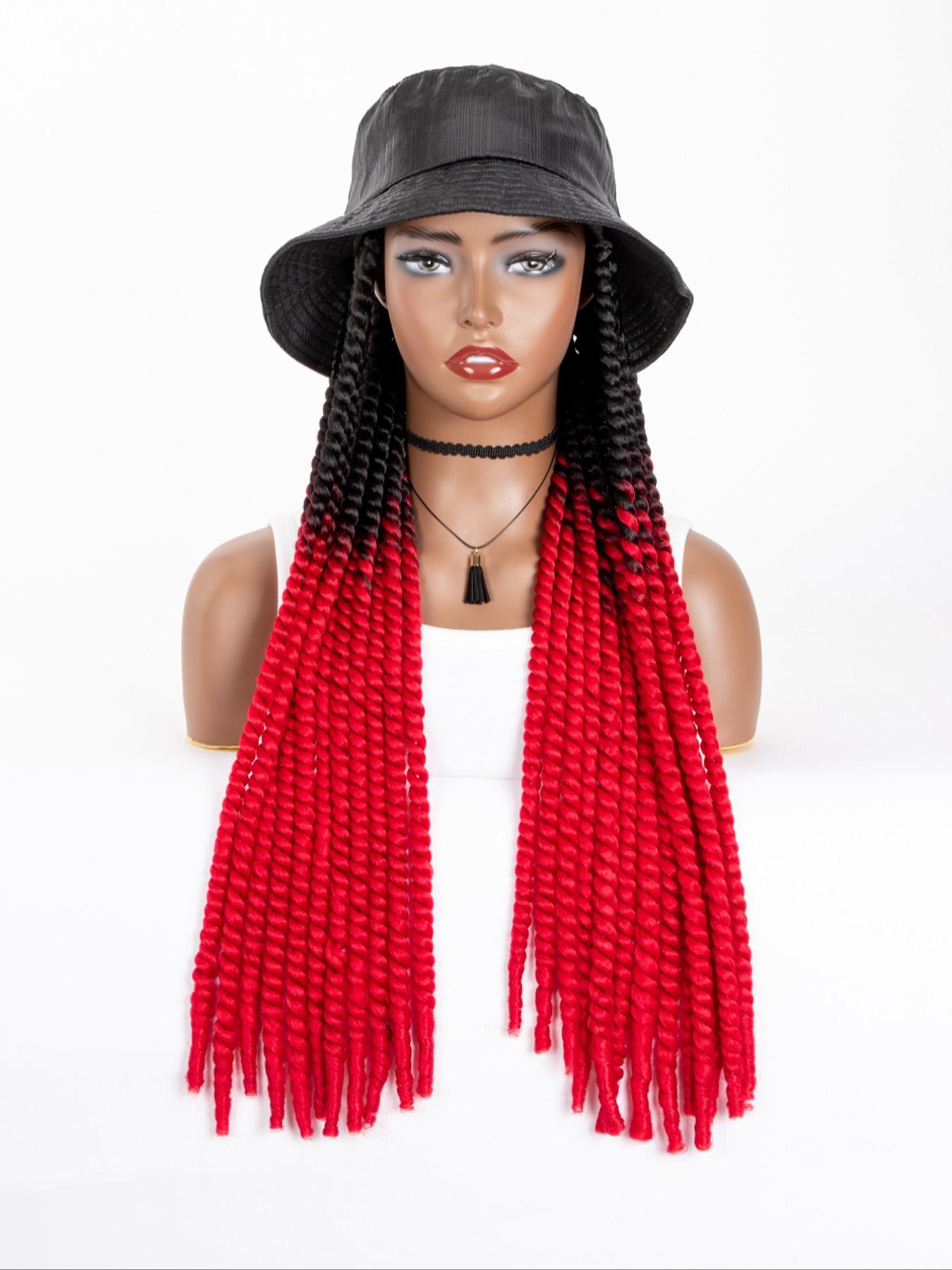 Long Ombre Black Burgundy Synthetic Havana Mambo Twist Braided Hair Extensions Cap Wig Spring Braiding With Bucket Hat