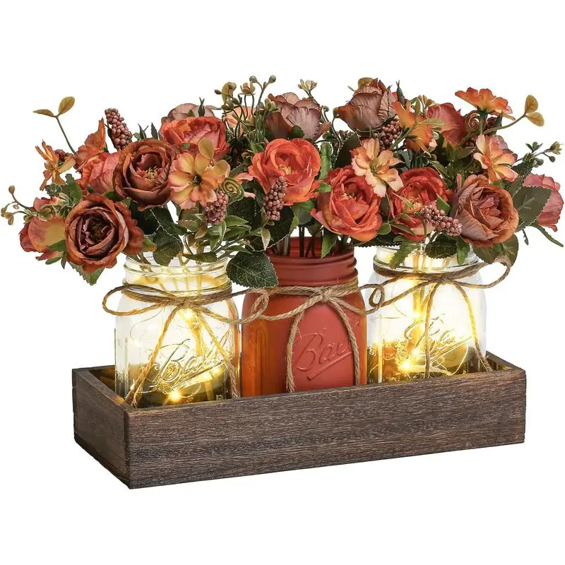 3 Piece Mason Jar Centerpiece with Wood Tray and LED Lights, Orange Rustic Farmhouse Table Decor for Dining Room Kitchen Living Room, Fall Thanksgiving Home Decor