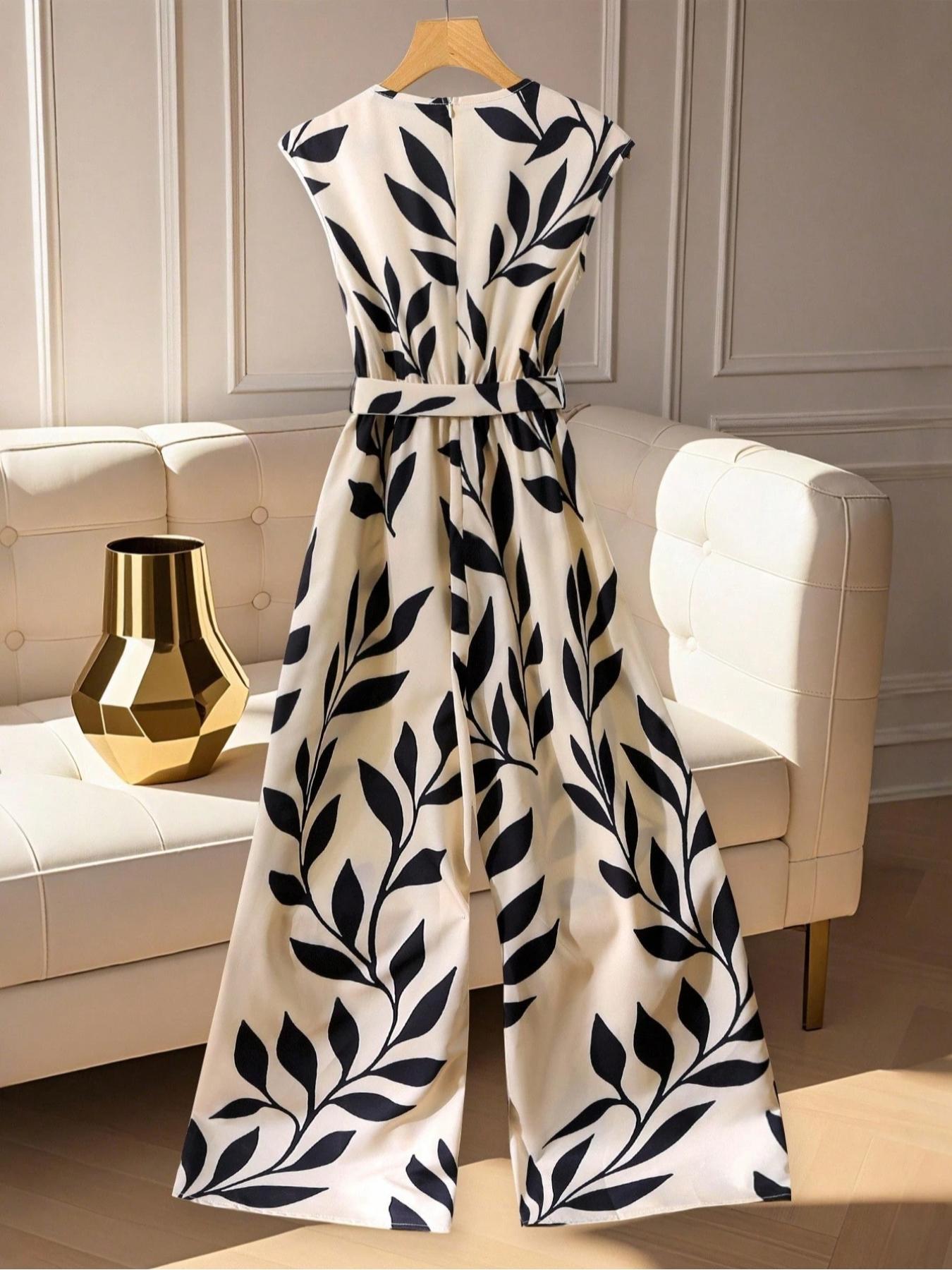 Women's V Neck Leaf Print Wide Leg Jumpsuit, Sleeveless High Waist Design, Fashionable Comfort, Perfect for Casual & Formal Wear, Elegant Fashion Jumpsuit