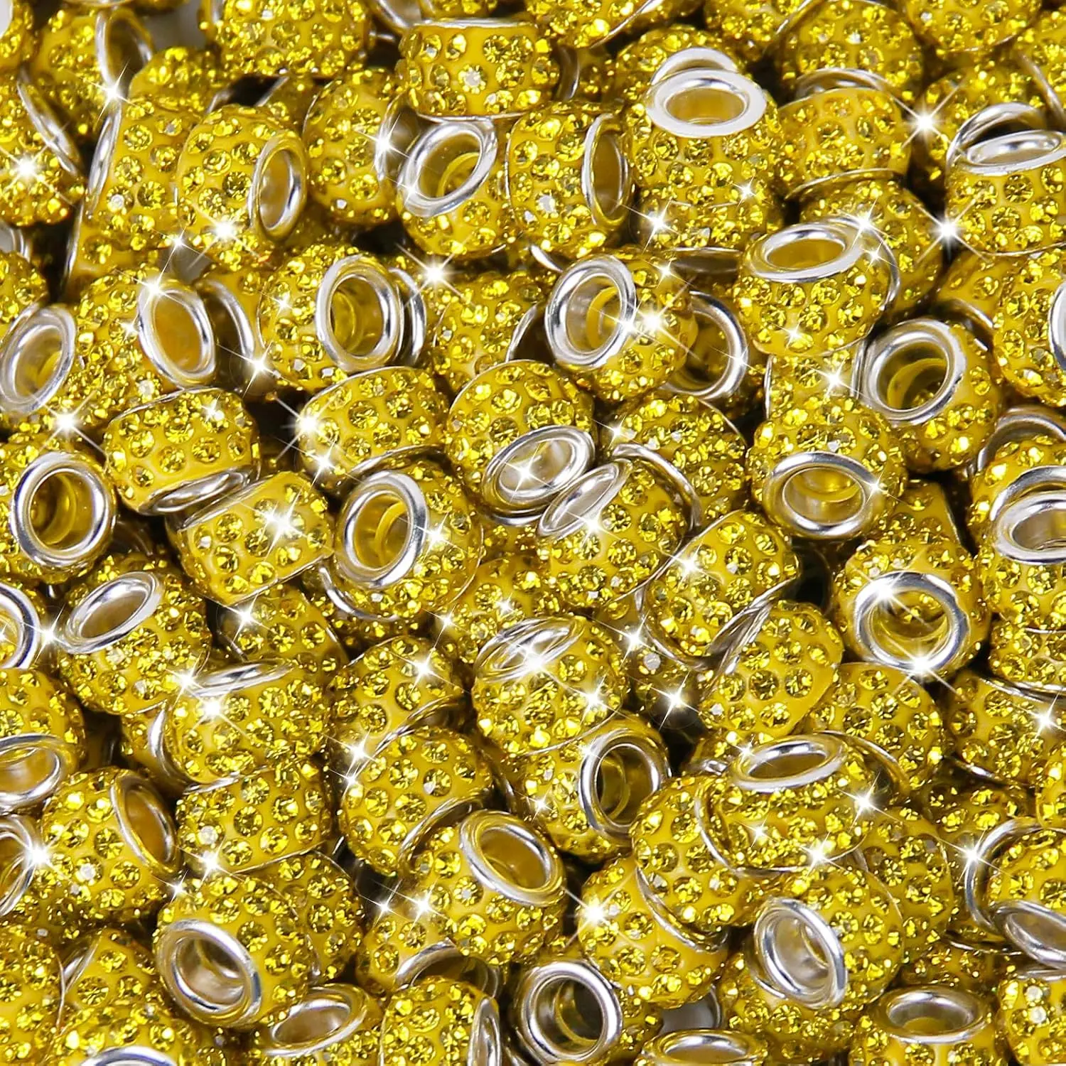 100 count European Rhinestone Large Hole Beads, Yellow European Craft Bead Rhinestone Lampwork Beads Large Hole Spacer Bead for DIY Charms Bracelet Necklace  Making Supplies