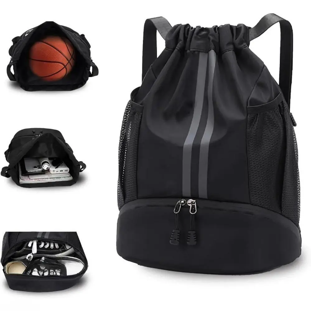 Waterproof Drawstring Sports Sack for Men-Women, Zippered Anti-Theft Compartment Storage Organization Bag with Independent Shoe Pocket, Portable Gym Travel Carry Bag