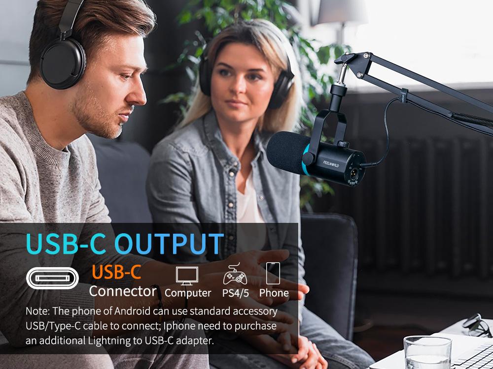 FEELWORLD PM1 XLR USB Dynamic Microphone with Boom Arm Stand for Podcast Recording PC Computer Gaming Live Streaming Vocal Voice-Over, Studio Metal Mic, RGB Light, Mute Button, Headphones Jack