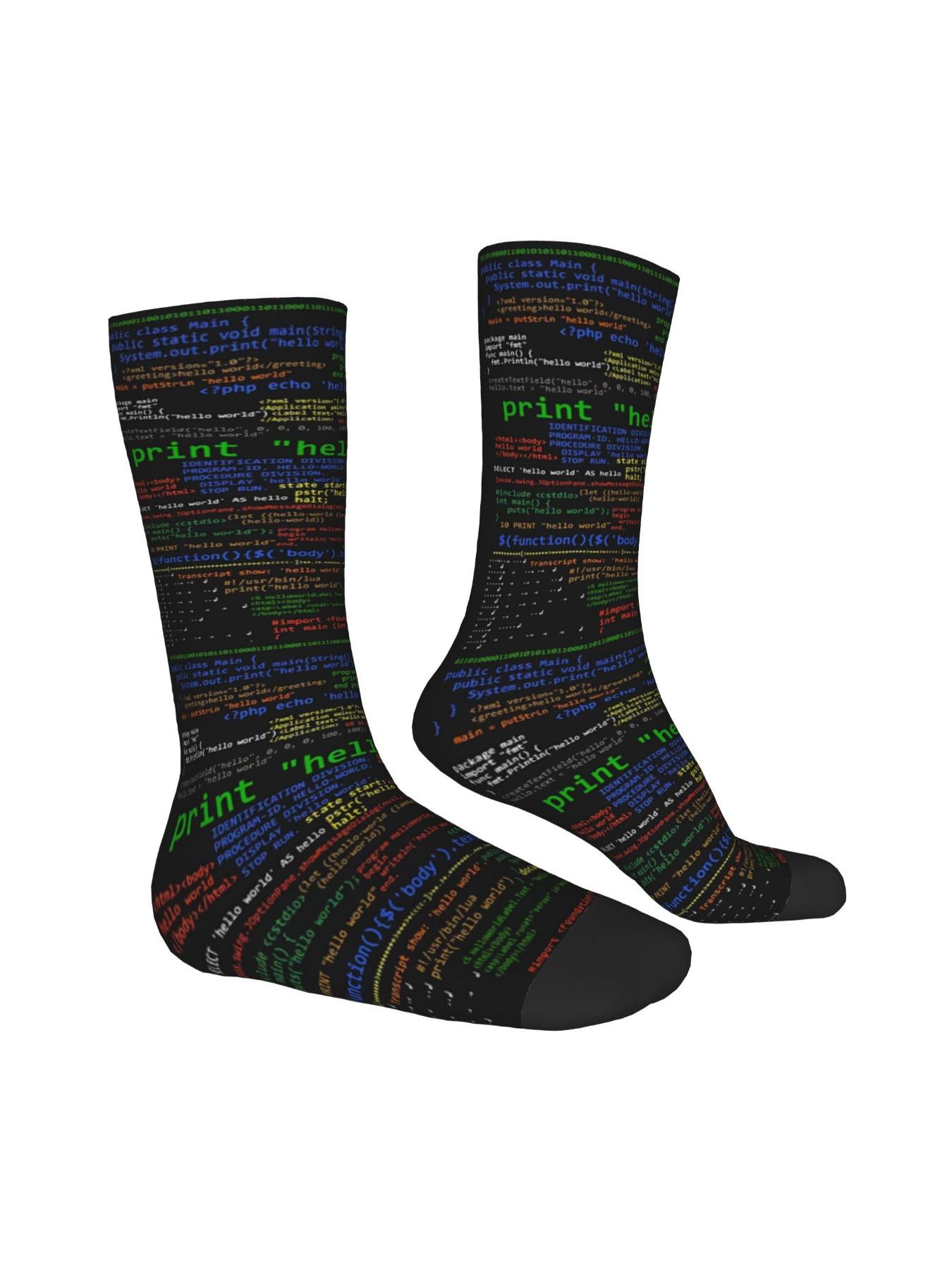 BIIHUDU Men'S Linux & Python Code Socks - Full-Body Programming Language Design (World; Hello World; print();) - Dark Green/Red - Tech Gift for Programmers, Developers - Durable Polyester Casual & Formal Wear - Novelty Computer Socks