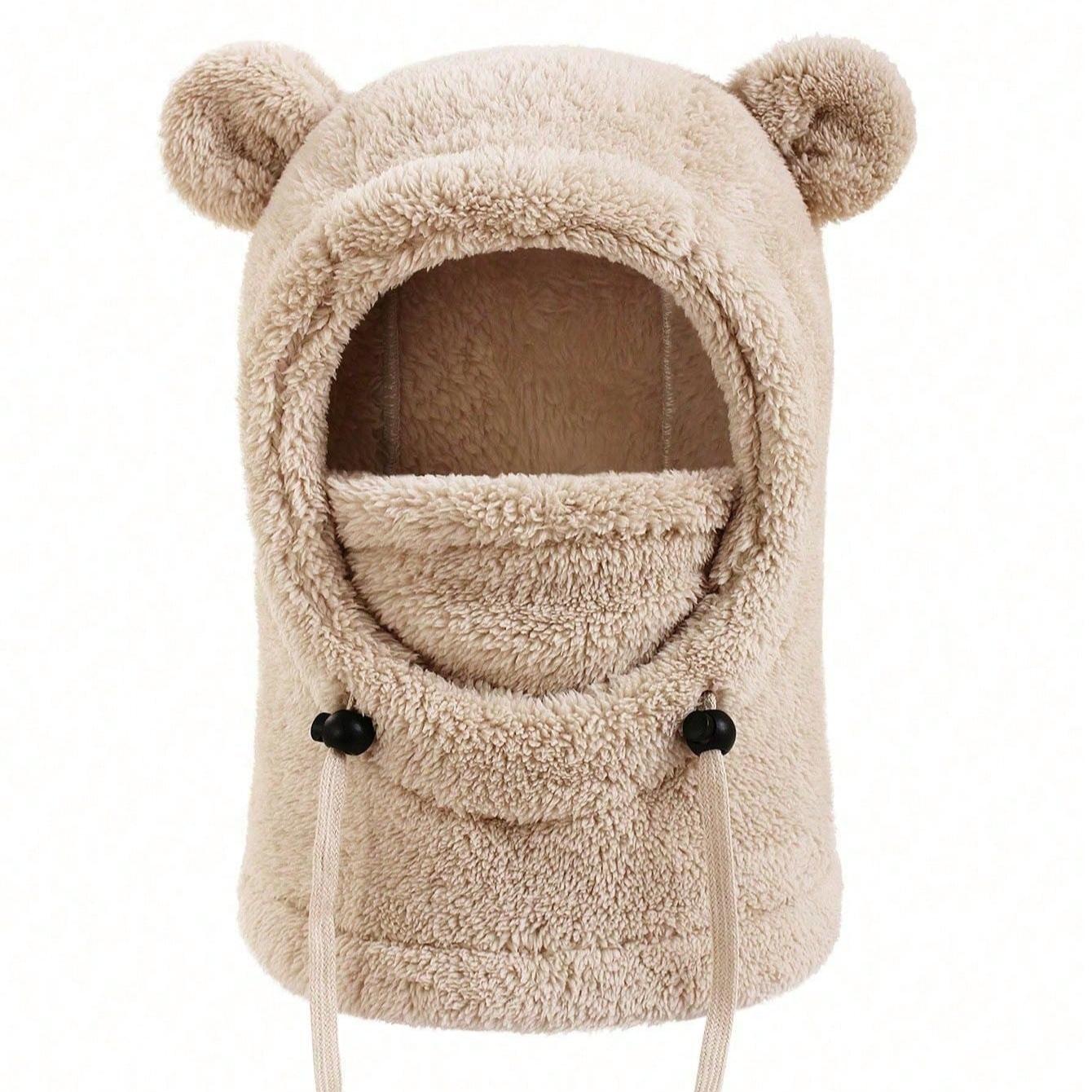 Autumn/Winter Kids Hooded Hat with Cute Bear Ears, Fleece-Lined Scarf and Mask, Unisex Children Outdoor Windproof Animal Headwear, Hooded Bonnet