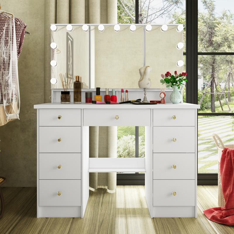 FUFUGAGA-43.3"W Vanity Desk With 9 Drawers, Makeup Desk With 3-Mirror And Touch Screen Light, Dressing Makeup Table For Bedroom