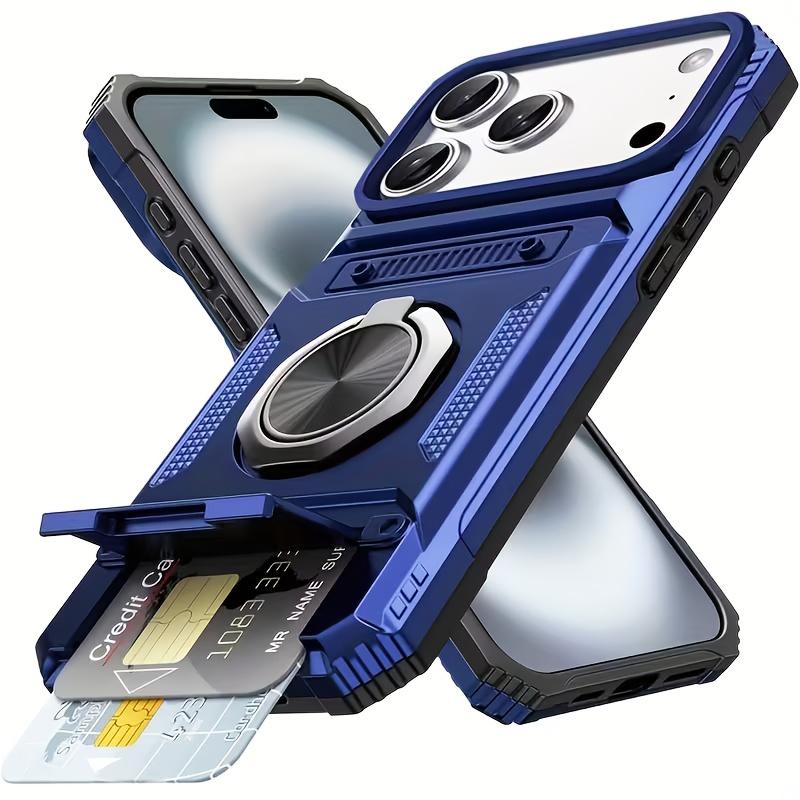 Heavy-Duty Shockproof Hard Case for iPhone 13 14 15 16 E 17 Pro Max Plus, Hidden Dual Card Slot Design with Rotating Metal Stand, Card Holder Protective Cover