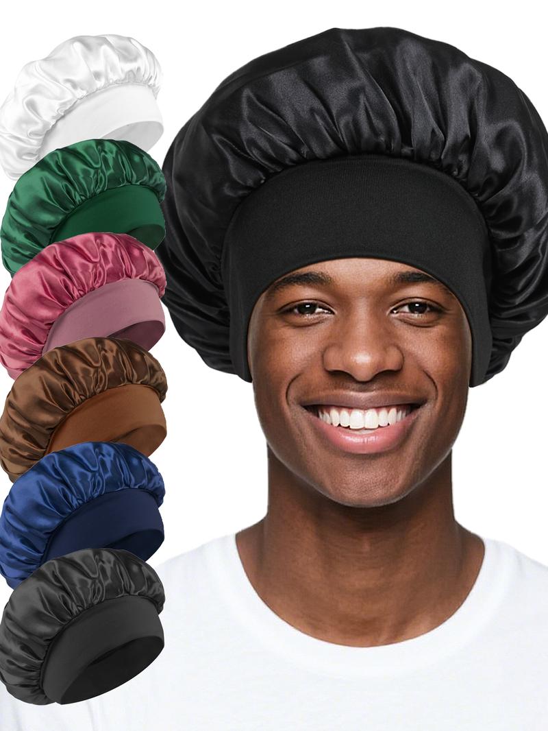 6 Pieces Pack,  Men's Bonnet Set, Pure Color Satin Sleep Cap, Unisex Casual Comfortable Home Use, Soft Silk-Like Material