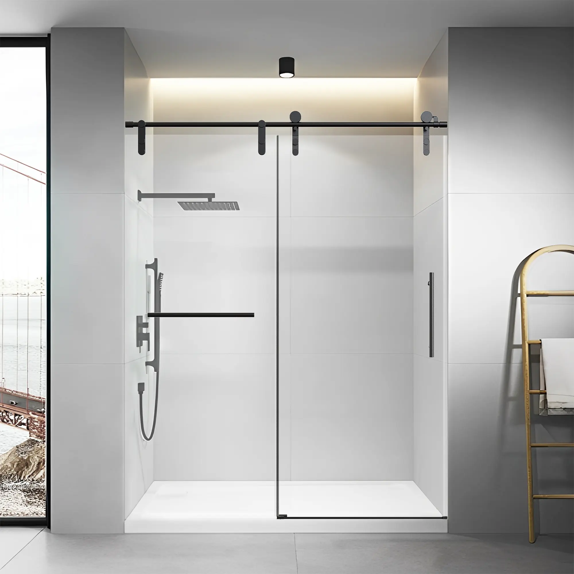 56-60"W x 76"H Frameless Single Sliding Shower Door, 5/16" Tempered Glass, Matte Black with Towel Rail