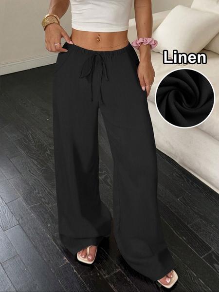 Women's Linen Wide Leg Pants, Casual Breathable Thin Weave Long Trousers, All Season Plain Pattern, Ladies Fashion Clothing