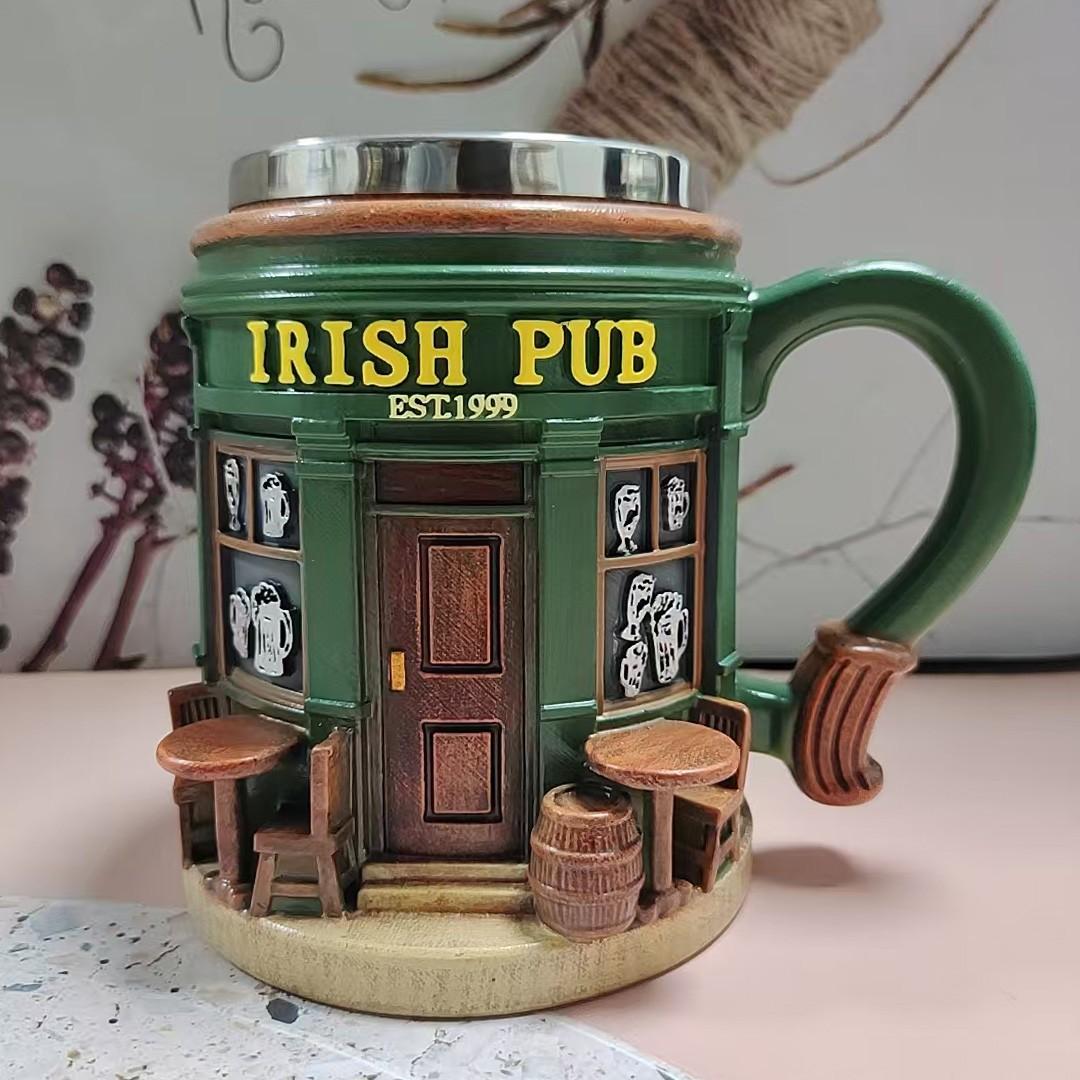 Irish Theme Tree Mug, Stainless Steel & Resin, Clover Pattern, Durable Tea Cup, Ideal for Irish Bar Decor, Moving Gift, St Patrick's Day Present