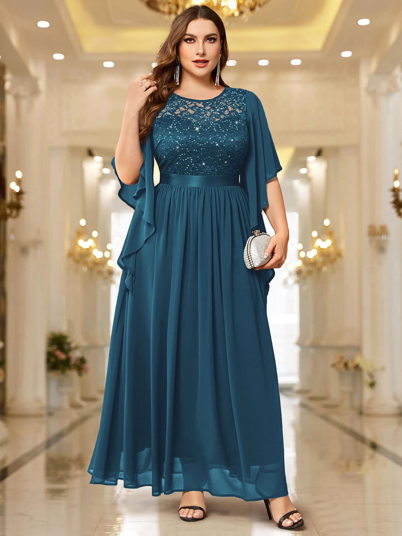 Miusol P83099 Plus Size Women's Sequin Floral Lace Chiffon Flare Sleeve Formal Dress Elegant Evening Gown All Seasons Party dress,Evening dress Normal Type  Womenswear Maxi Dress SpringStatements