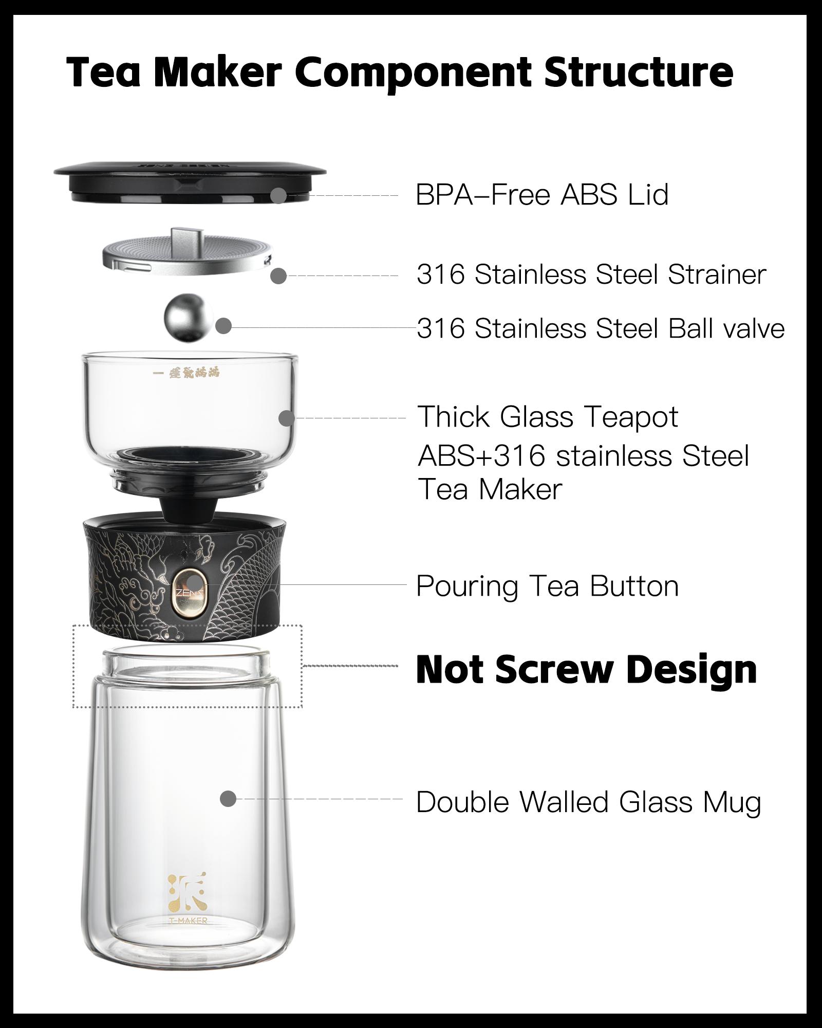 ZENS Cool Glass Teapot with Infuser, One Touch Tea Maker for Loose Tea Diffusers with Insulated Mug and Portable Tea Kits, Enchanted Teapot Alternatives for Tea Lover Gifts