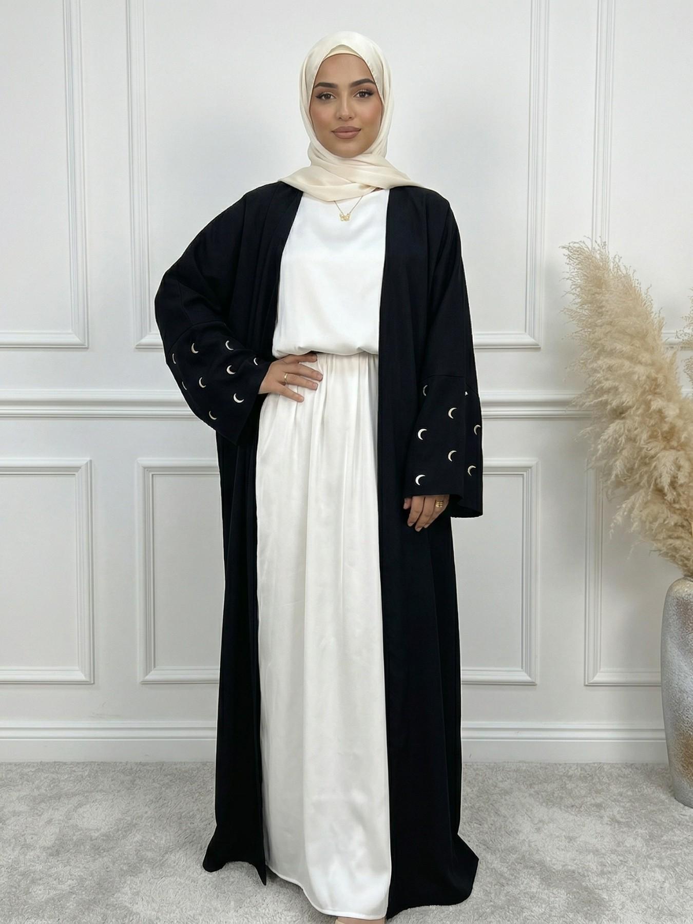 Arabic Clothing- Women's Moon Embroidery Abaya without Hijabs, Summer Outfits 2024, Modest Casual Long Sleeve Open Front Muslim Abaya, Islamic Clothing