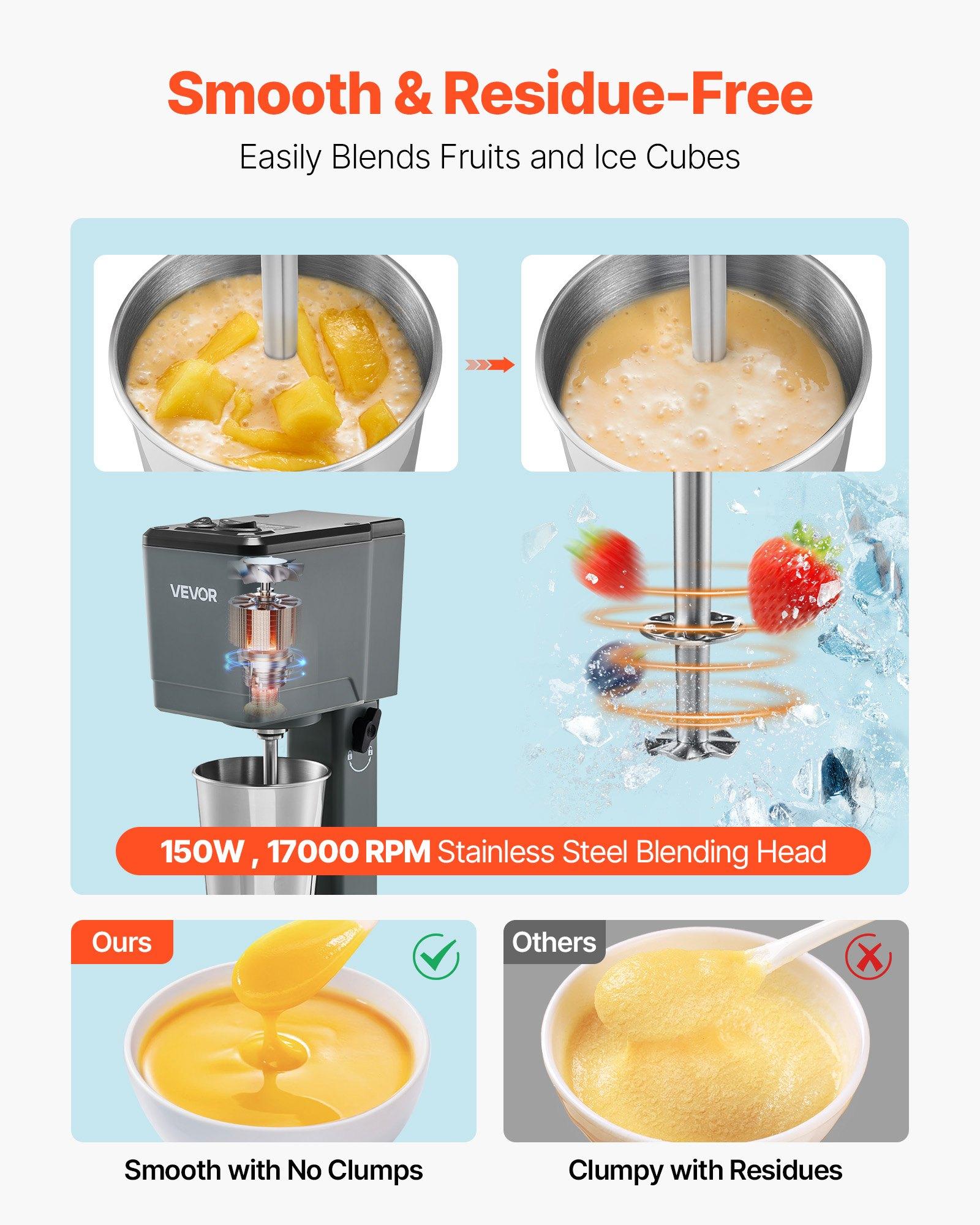 VEVOR Single-Head Stand Mixer - 150W (100 to 1199 W) AC120V Dual-Speed Steel & Plastic Milkshake Maker, 7.56× 7.48×13.78 In/ 192× 190× 350 Mm, 6.83 lbs, Stainless Steel Cup, No-Load Gear 1:17,000 rpm for Home Kitchen, Bar Beverage Shop