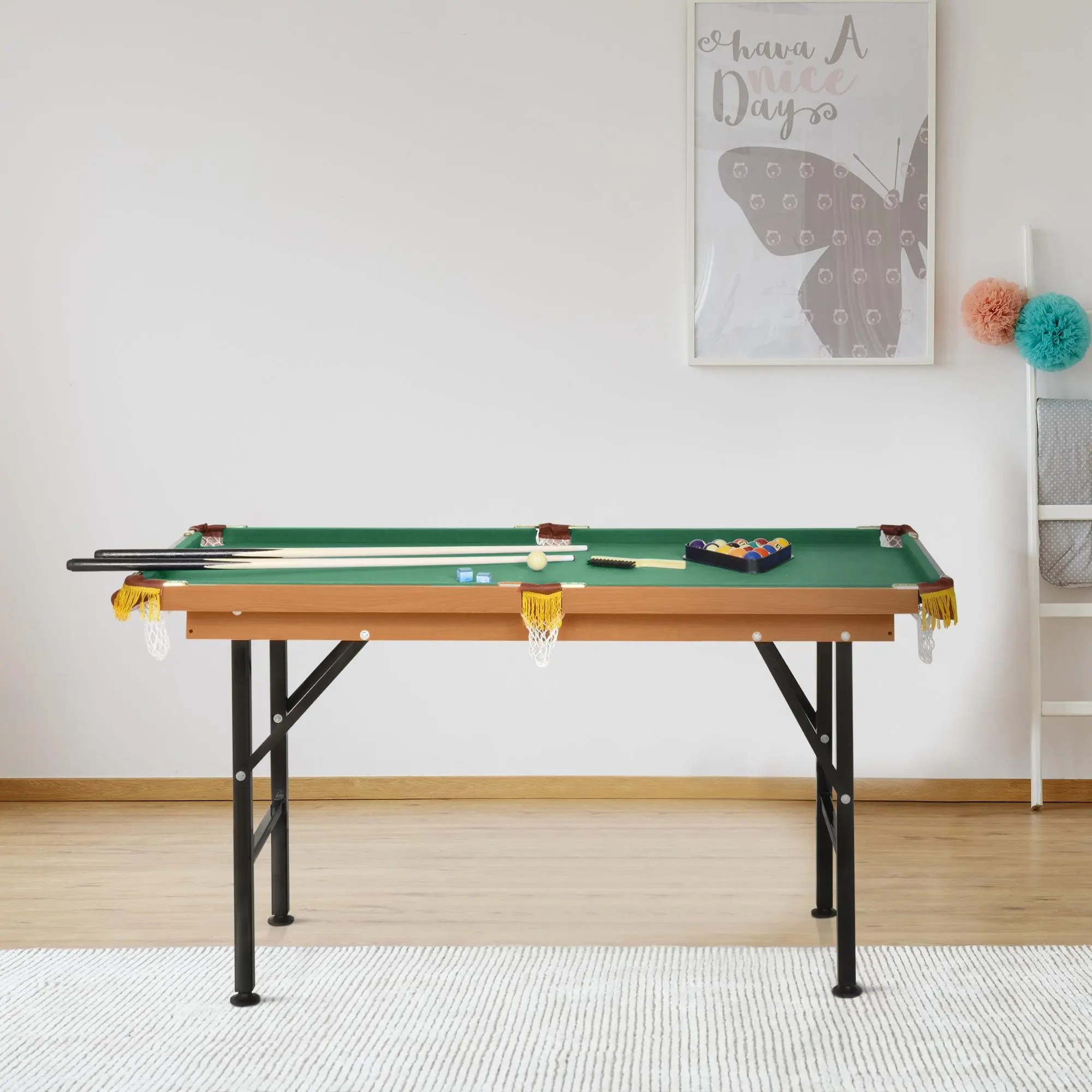 Soozier 55" Portable Folding Pool Table, Billiards Table Game Set for Kids & Adults, Compact Full Family Game Table with 2 Cue Sticks, Billiard Balls & Triangle Rack, Foldable Indoor Game Table for Home, Living Room, Game Room, Green