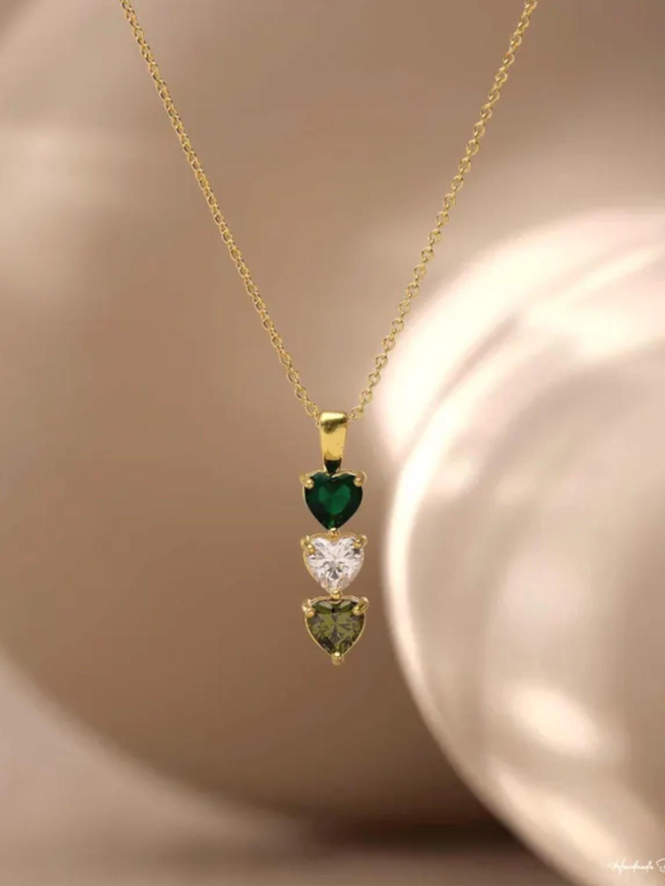 1 pcCopper gold-plated small pendant necklace with green and pink gradually changing heart-shaped gemstones, wedding necklace, bridesmaid gift, anniversary gift (for wife), grandmother gift (for mother), Mother's Day gift , Valentine's Day girlfriend gift