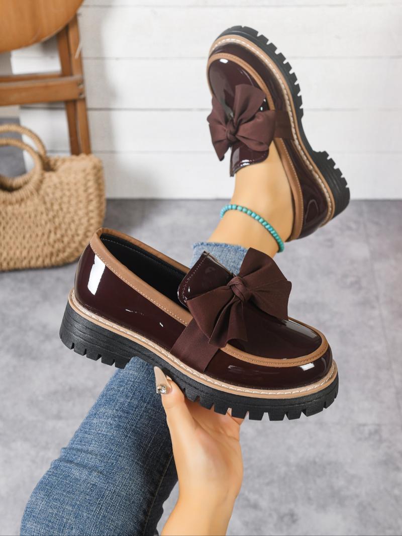 Women's Bowknot Loafers, Spring & Fall Casual PU Leather Shoes, Plain Pattern, Less Than Ankle Height, PVC Sole