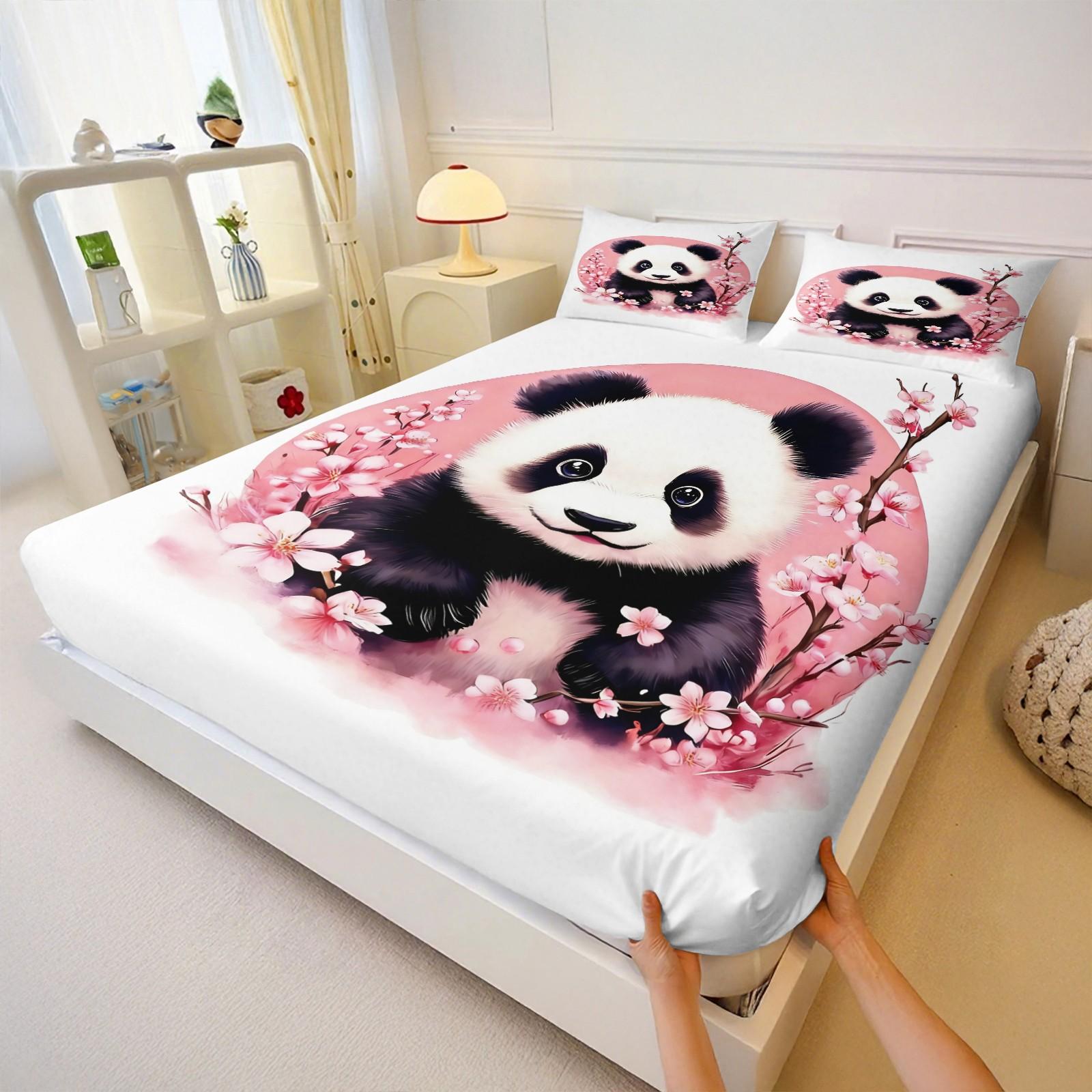 Cute Panda Cherry Blossom Fitted Sheet Set, Watercolor Floral Panda Bedding for Girls, All Season Panda Bedding, Perfect Gift for Panda Lovers