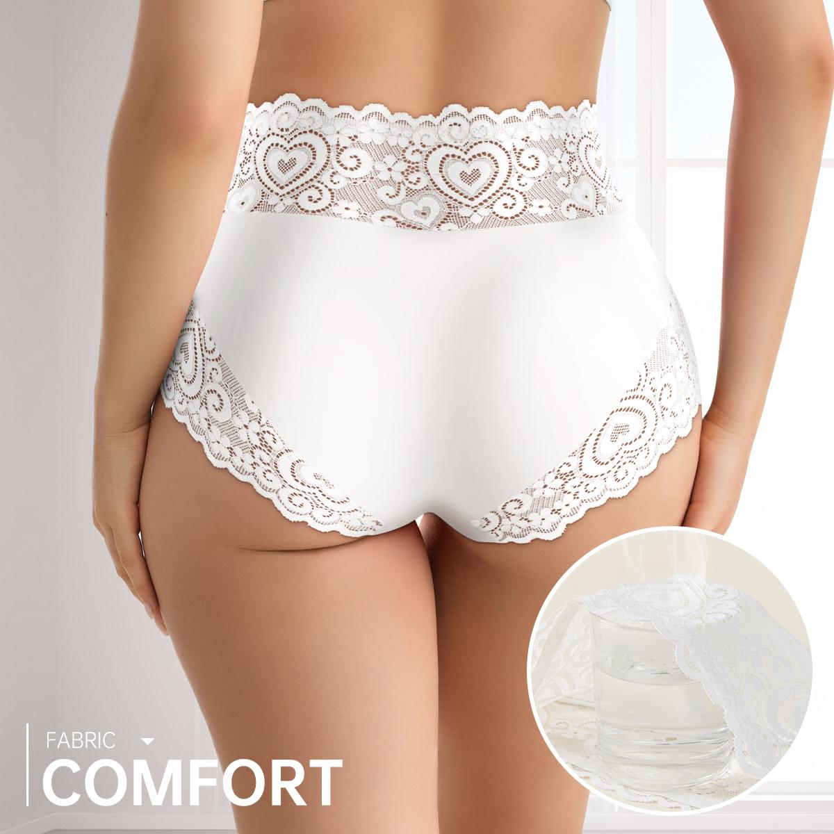 QUASTI 5PCS Mid Waisted Lace Women's Panties, Multi Colored Smooth Soft Fashion Sweet Lace Exquisite Underwear, Cool Elasticity No Show Full Coverage Briefs, Daily Wear S-XXL