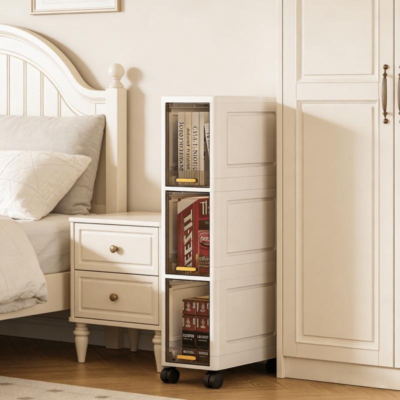 Space-saving rolling Freestanding storage cabinet, flexible movement, layered storage, stable placement. Suitable for balcony, bathroom, study room. Multi-layer shelf, heavy-duty modern bathroom storage cabinet, thickened material, narrow flip-top style.