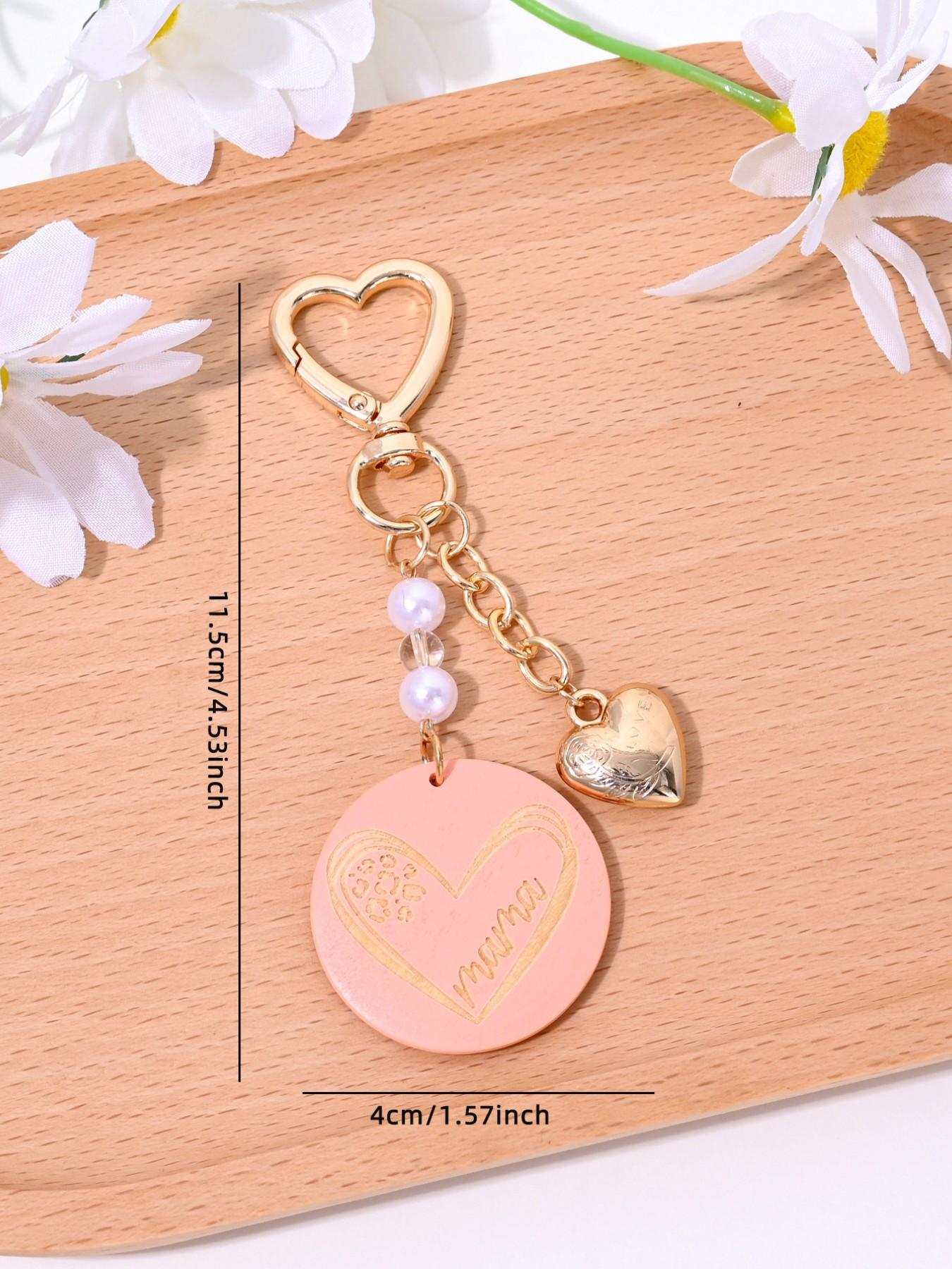 Creative Fashion Mama Wooden Sign Heart Artificial Pearl Keychain, Perfect Mother's Day Gift for Women, Bag Decoration