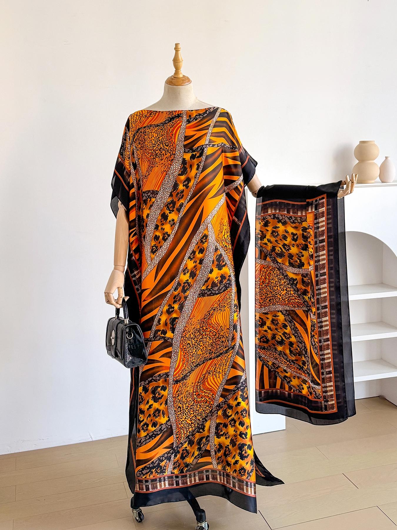 Women's Leopard Print Long Sleeve Kimono & Scarf Set, Casual Open Front Outerwear & Shawl, Ladies Clothes for Beach Vacation, Beach Swimsuit Cover, Womenswear, Leopard Pattern
