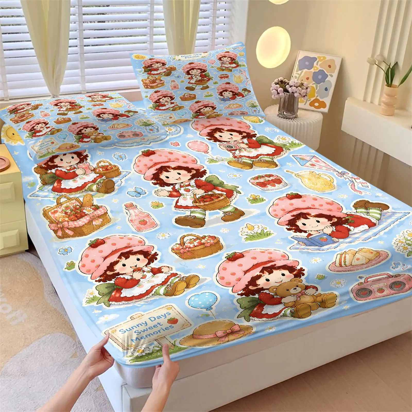 Cute Cartoon Strawberry Girl Print 3Pcs Fitted Sheet Set With 2 Pillowcases, Light Blue Bedding Set With Picnic Theme Girl Print Bed Cover, Elastic Deep Pocket Mattress Cover, Soft Skin-Friendly Microfiber, Sweet Girl Room Decor Bedsheet Set