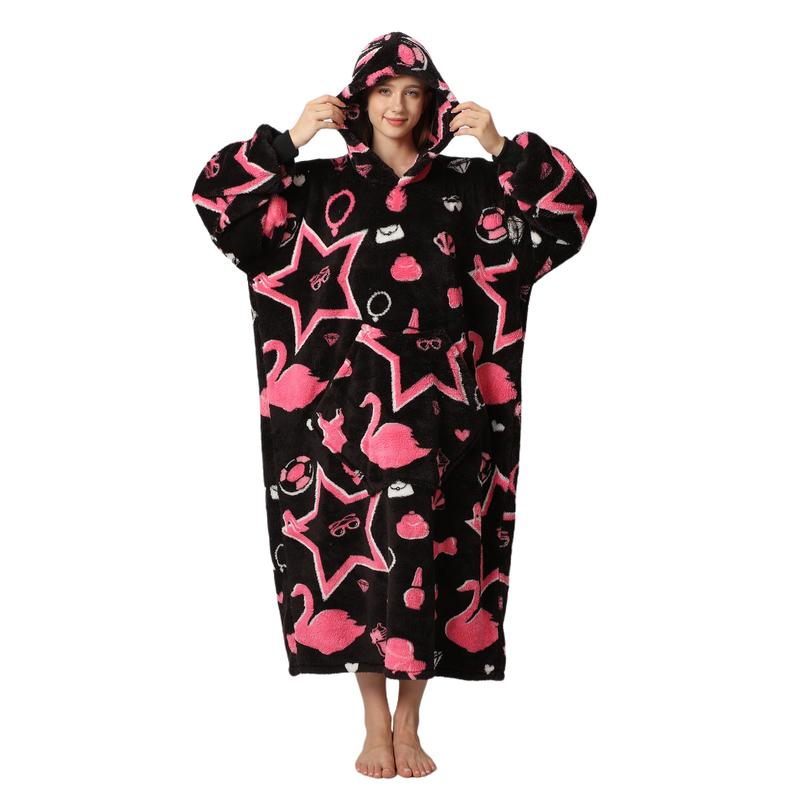 Cute Cartoon Pattern Hooded Blanket for Women Men, 1Pcs Oversized Wearable Hooded Nightwear Loungewear Womenswear Sweatshirt Pullover, Warm and Cozy, Valentine's Day Gift Large Pocket Pajamas
