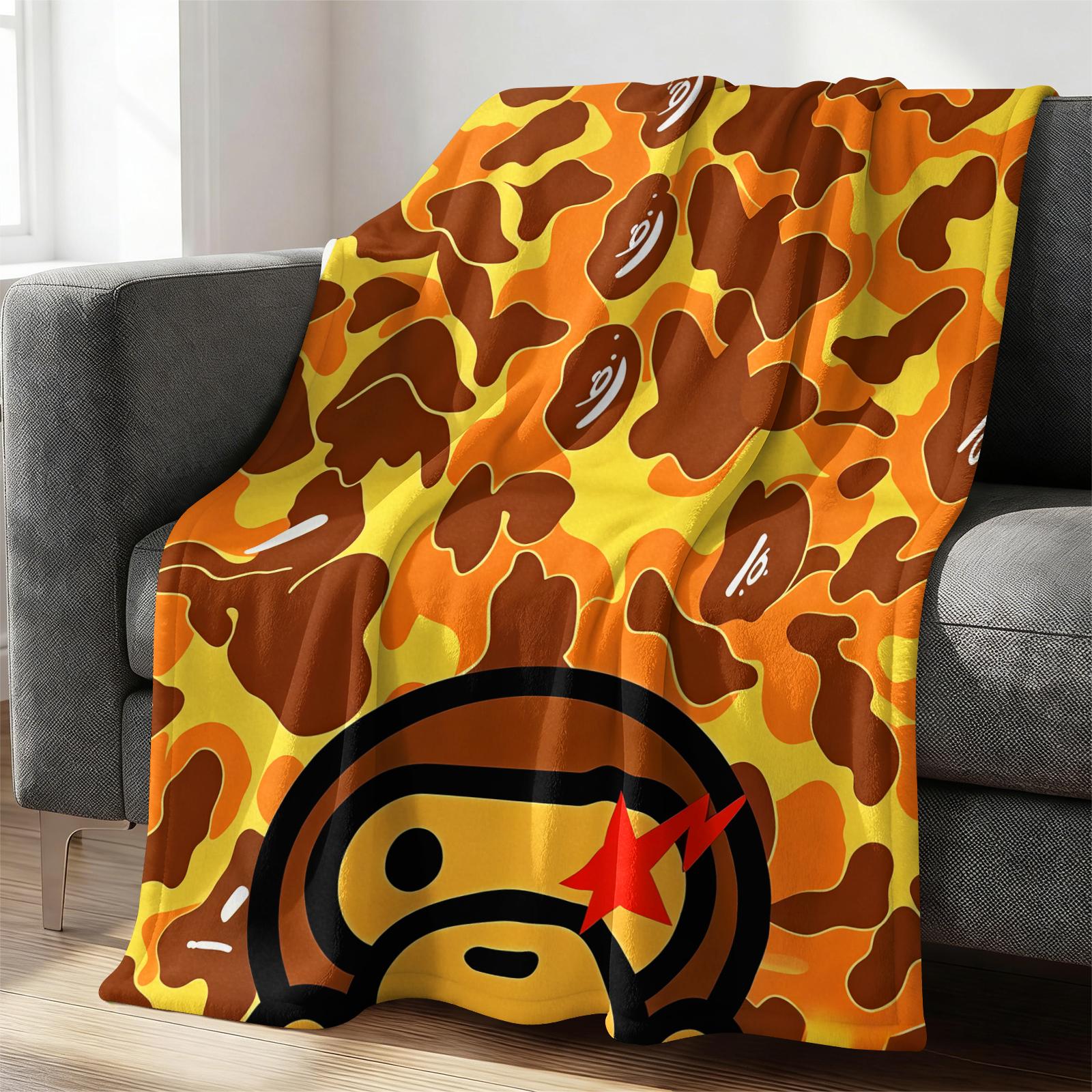 Blue Camouflage Cartoon Ape Red Star Lightning Bolts Flannel Blanket, Soft and Lightweight Durable, Ideal for Bedroom Dorm Gaming Room Decor, Sofa Throw Cover, Office Nap Mat, Car Cover Blanket and Cool Gift