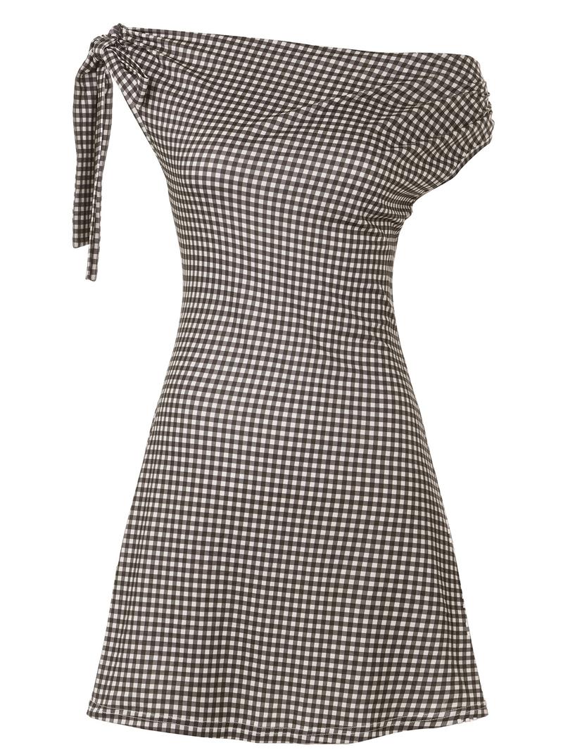 American Vintage Basic Casual Gingham Mini Dress, Asymmetrical Shoulder Design with Lace Up Detail, Slim-Fitting Sleeveless A-Line Dress for Women