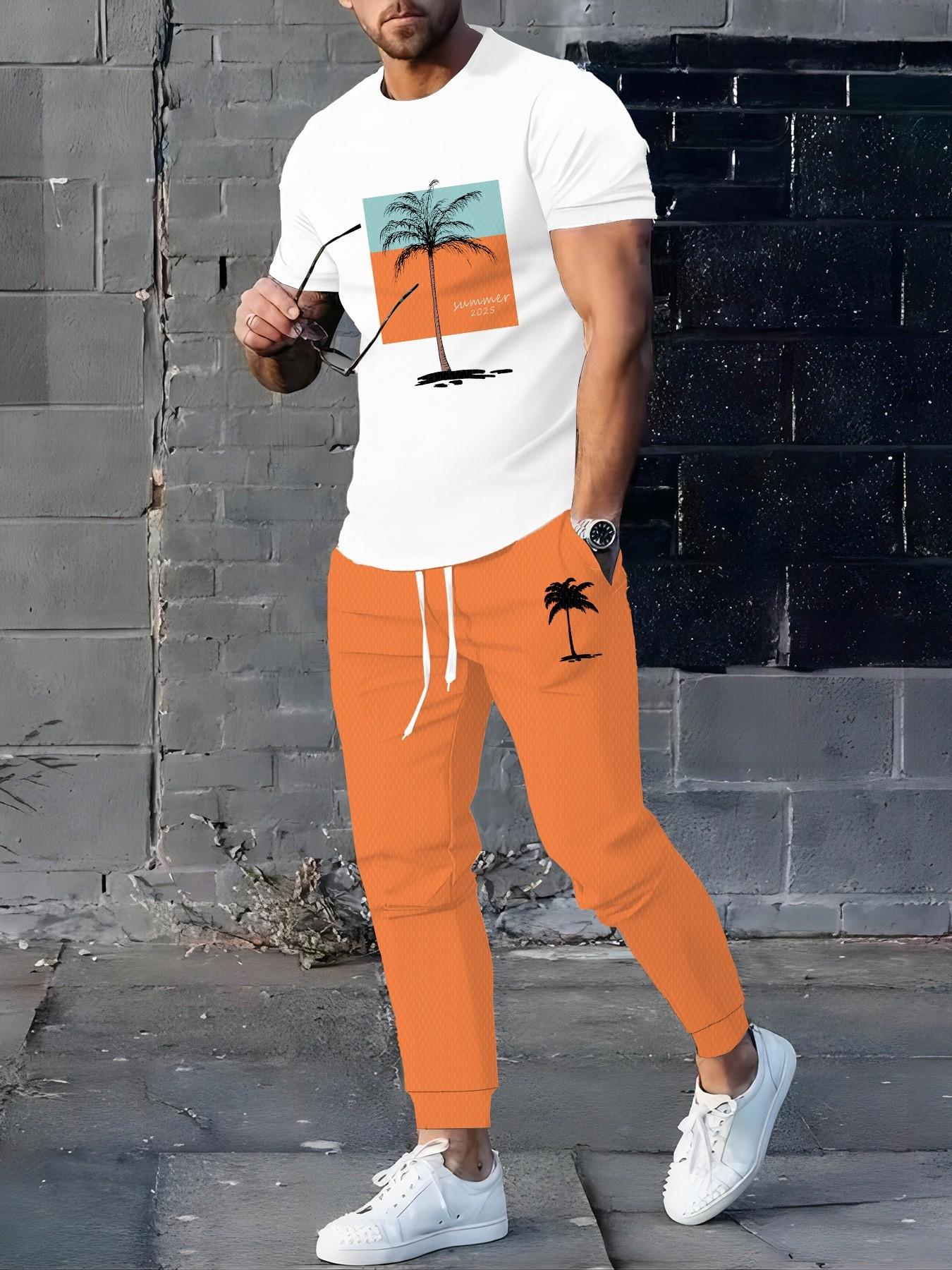 Men's Summer Palm Tree Print 2-Piece Set, Short Sleeve Tee + Mint Drawstring Joggers, Lightweight Casual