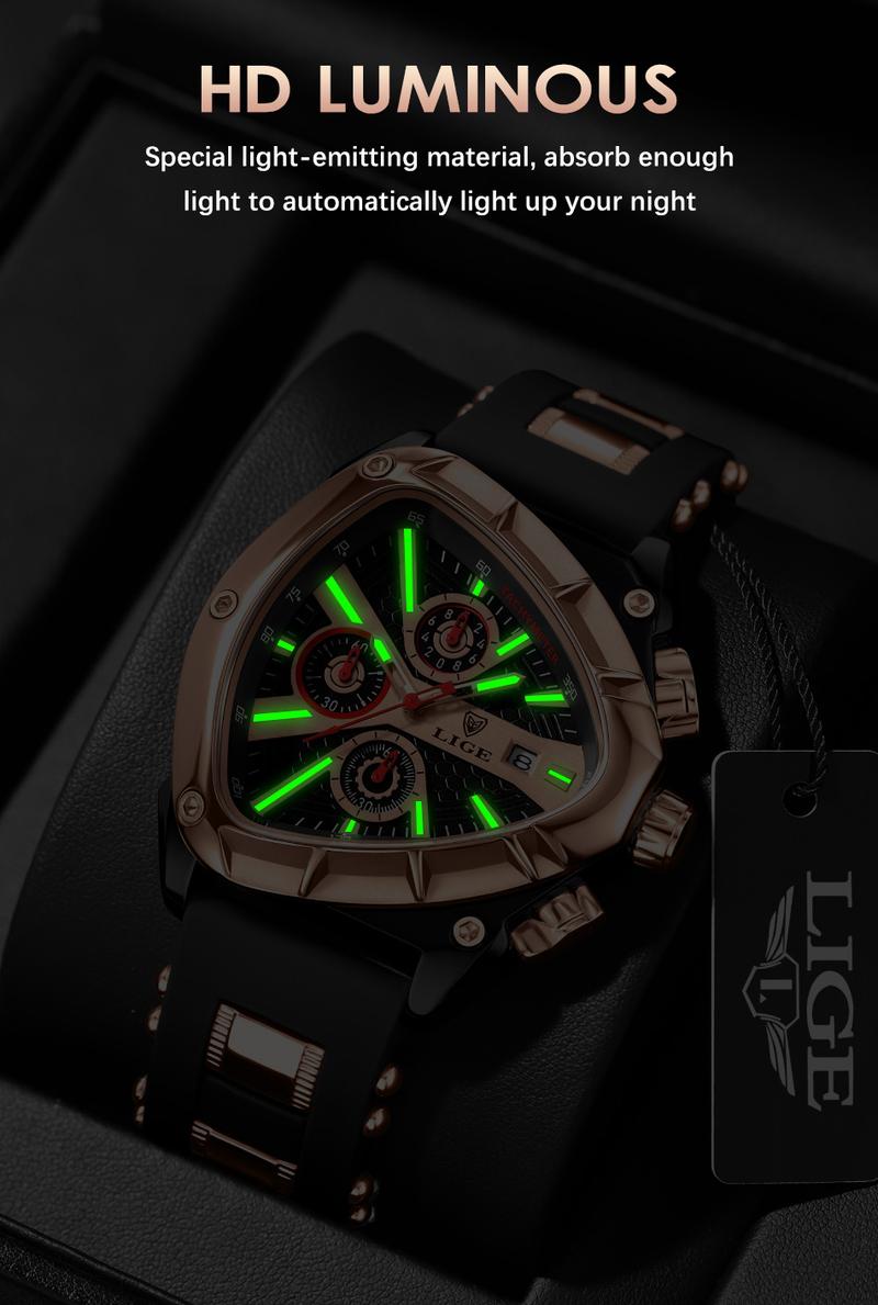 Lige Unique-Shaped Men's Quartz Watch, 48mm Large Dial, Chronograph Function, Date Display, Waterproof, Luminous at Night Silicone Band