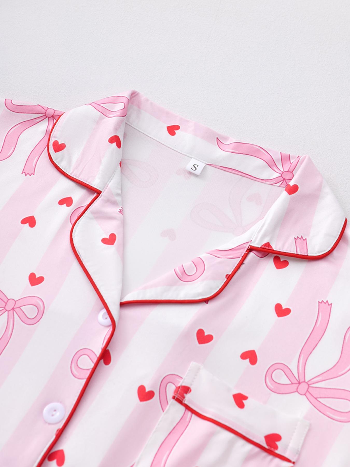 Valentine's Day Bow and Heart Print Pajama Set, Soft Silky Striped Short Sleeve Sleepwear, Women's Comfortable Nightwear