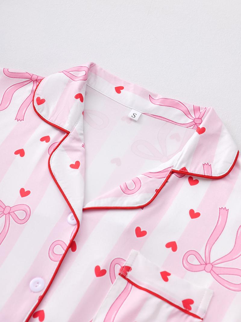 Valentine's Day Bowknot Heart Print Pajama Set, Soft Silk Striped Butterfly Knot Short Sleeve Sleepwear, Women's Comfortable Nightwear