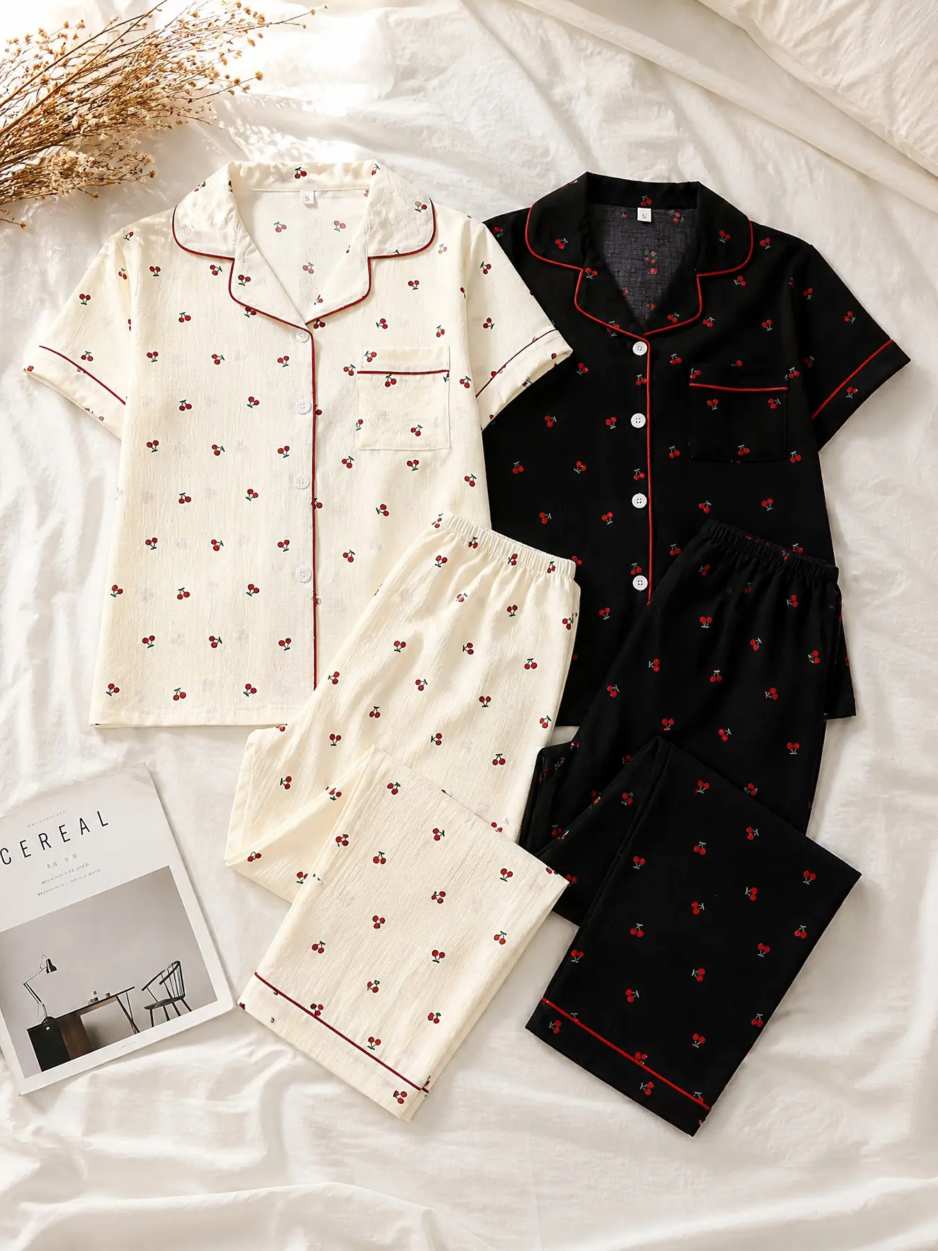 Women 2 Sets Pajama Set, Button Down Short Sleeve Top & Long Pants, Wear All Seasons. Cute cherry print loungewear with lapel, chest pocket, loose fit, two color options for daily home wear.