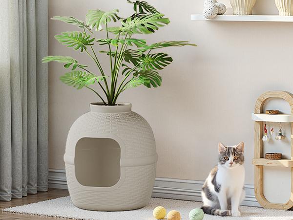 RoyalCraft Hidden Litter Box with Faux Plant, Large Cat Litter Box with Rattan Pattern, Heavy Duty PP Material Litter Box Enclosure Furniture for Home Decor