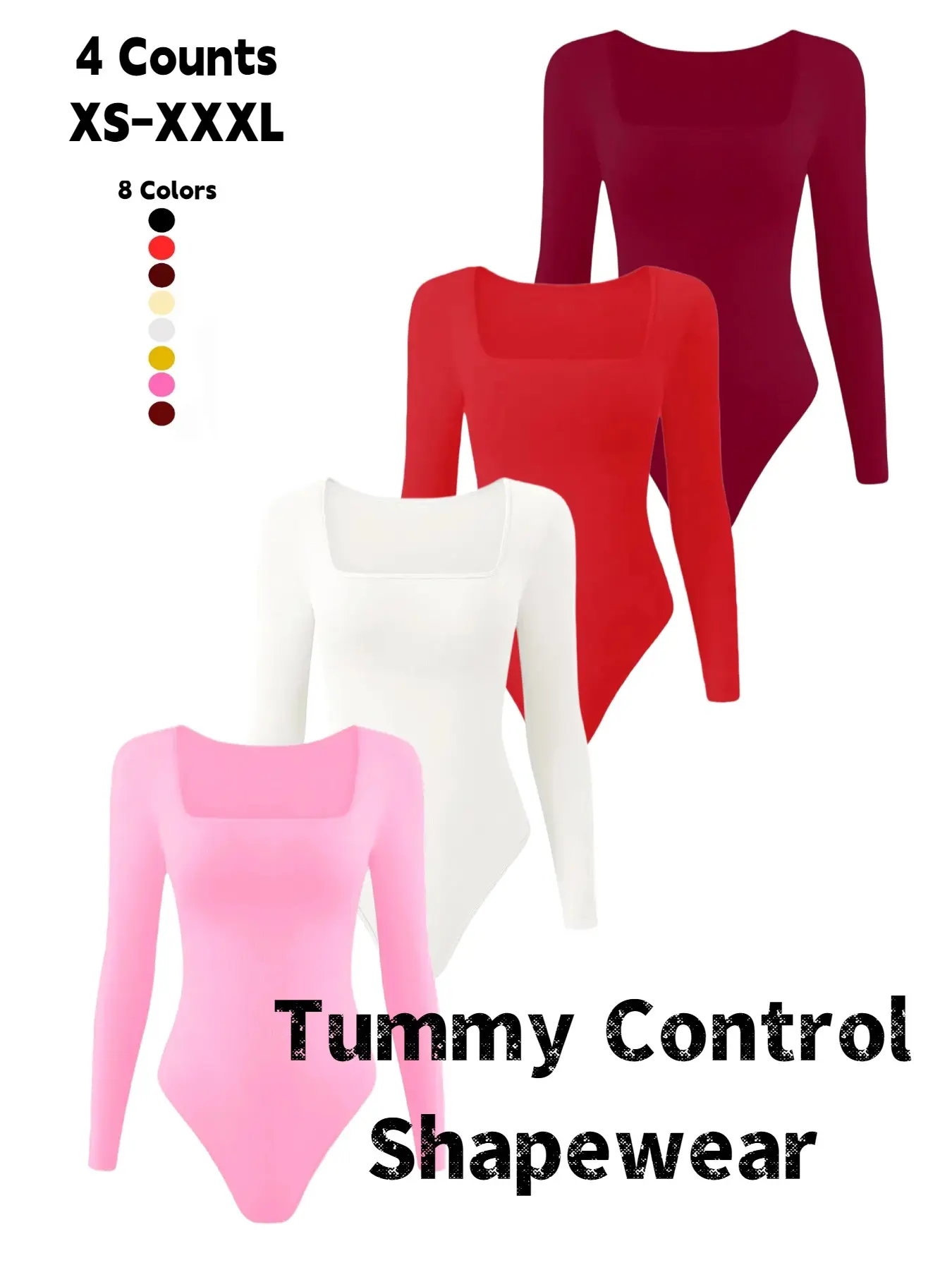 Women's Long Sleeve Square Neck Bodysuit, Seamless Tummy Control Shapewear with Thong, Slimming Waist Shaper, Comfortable Fit