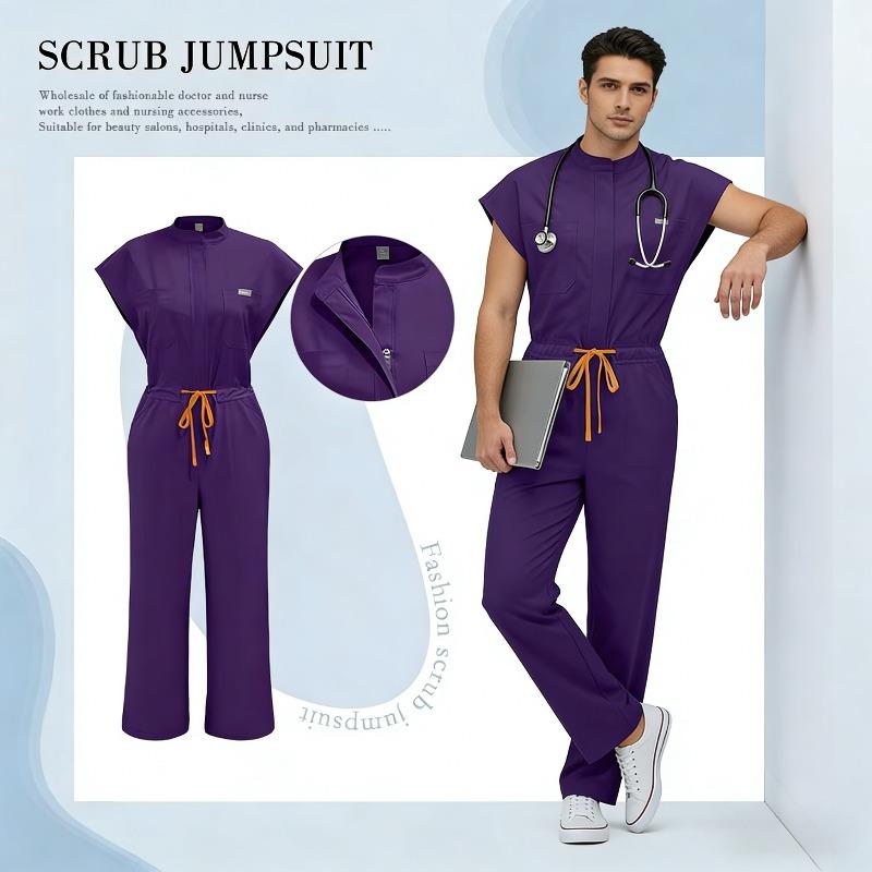Men's Health Check Short Sleeved Frosted Jumpsuit Pharmacist Pocket Care Uniform Hospital Beauty Salon Work Uniform