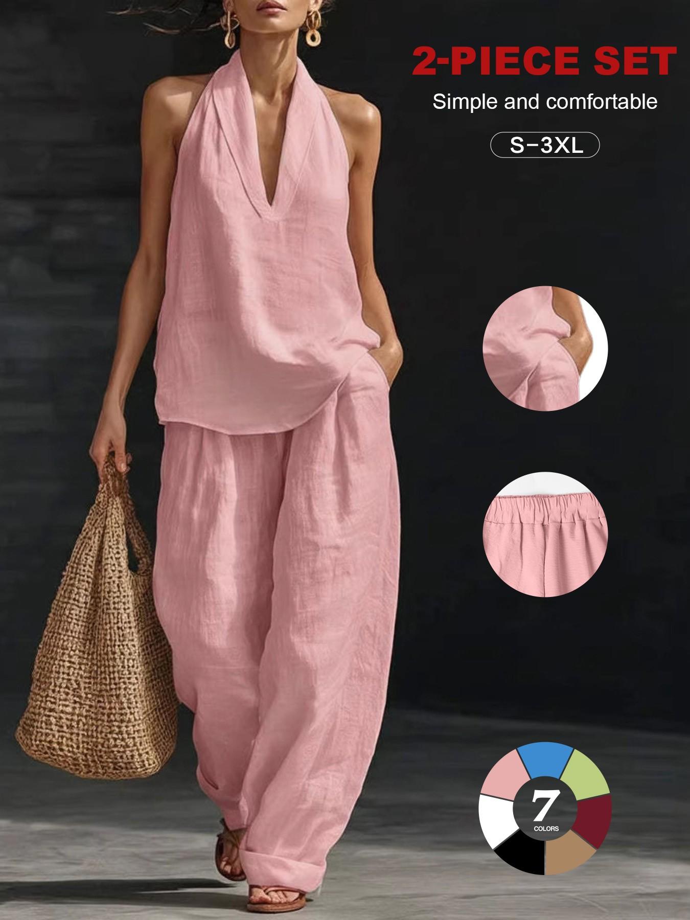 2026 Women's Linen Set, 2-Piece, Halter V-Neck Top, High-Waist Wide-Leg Pants, Casual Summer Beach Loungewear, Comfortable & Stylish