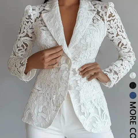 Women's Lace Cutout Long Sleeve Blazer, Lapel Design, Elegant Office & Daily Wear, Versatile Outerwear for Professional Settings