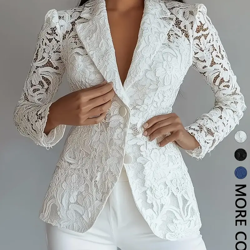 Women's Lace Cutout Long Sleeve Blazer, Lapel Design, Elegant Office & Daily Wear, Versatile Outerwear for Professional Settings
