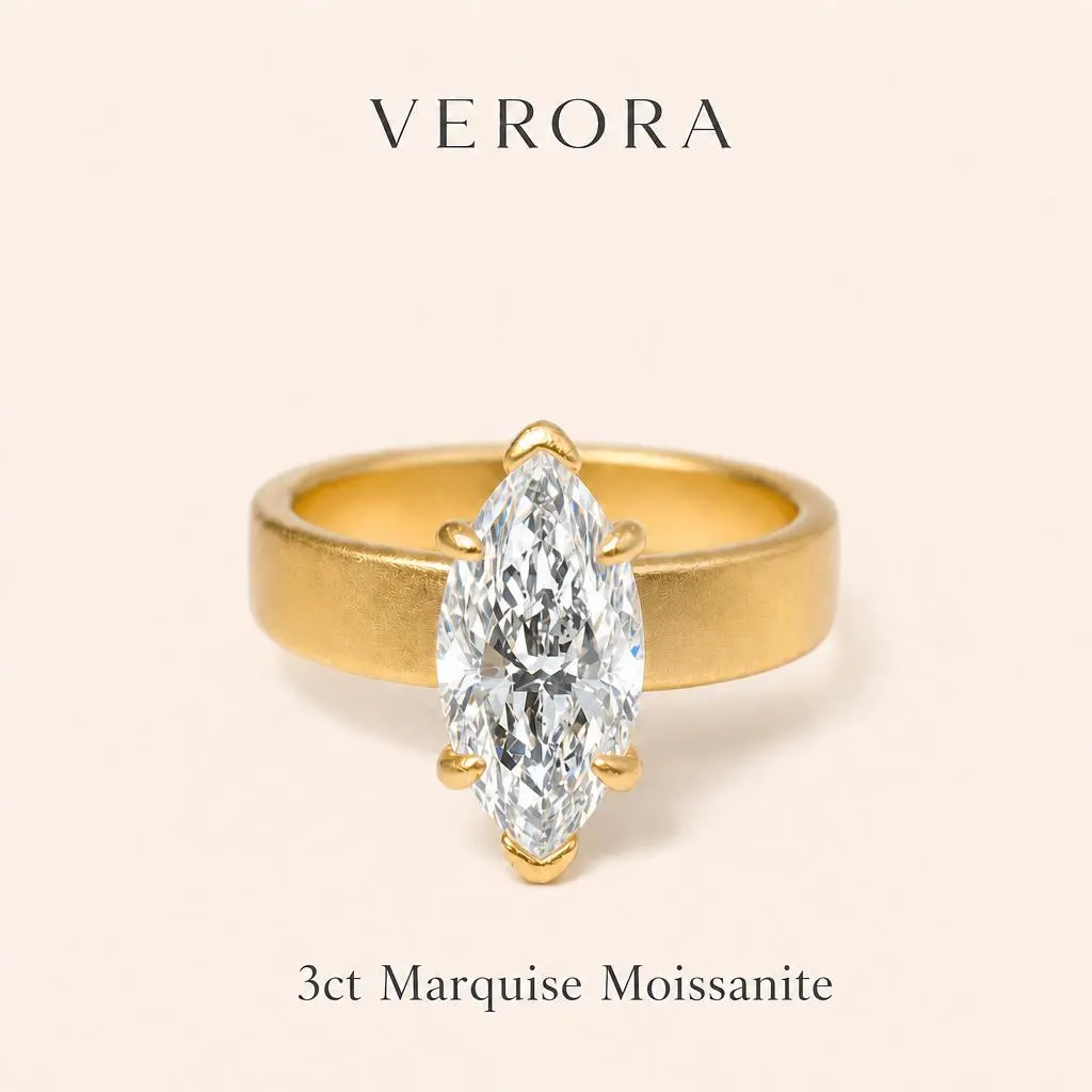 3CT Marquise Moissanite Ring VVS Quality Fade-Resistant Gold Finish14K Gold Plated Wide Band  Sandblasted Finish Solitaire Statement Ring