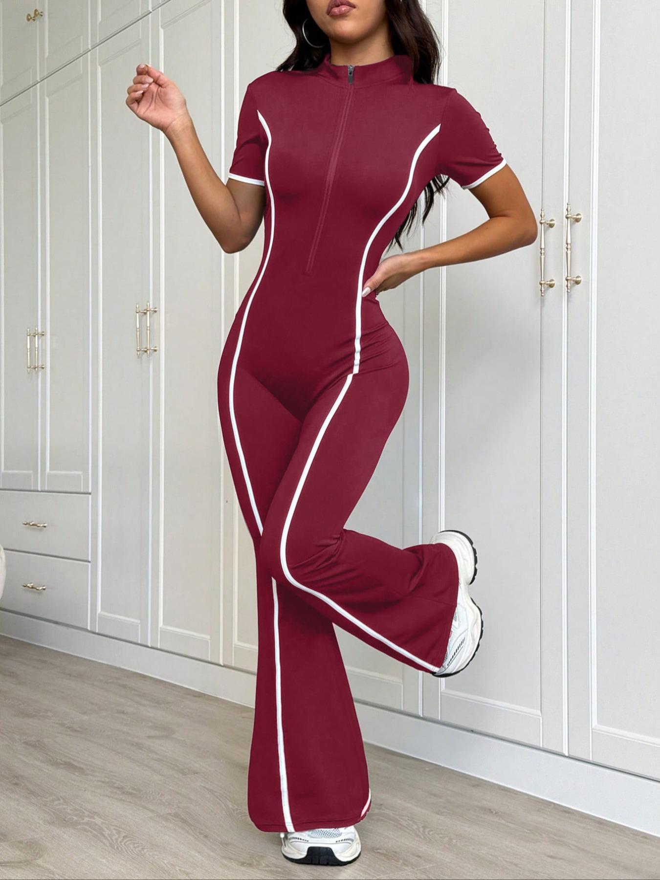 Women's Colorblock Zipper Fall Winter Fleece Lined Knit Yoga Jumpsuit, Workout Jumpsuits, Long Sleeve Slim Fit Casual Fashion Clothes