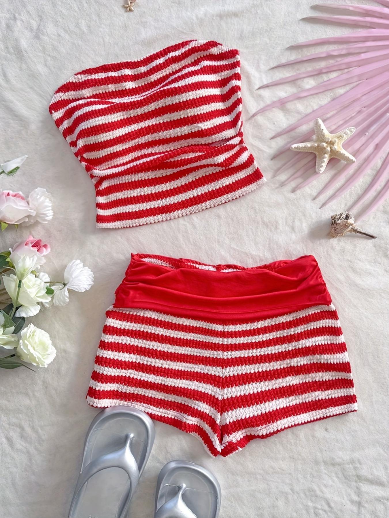 Two-piece Set Women's Striped Print Tube Top & Shorts, Casual Top & Shorts for Beach Vacation Holiday, Ladies Two-piece Outfits for All Seasons, Clothes, Womenswear, Summer Sleep Set